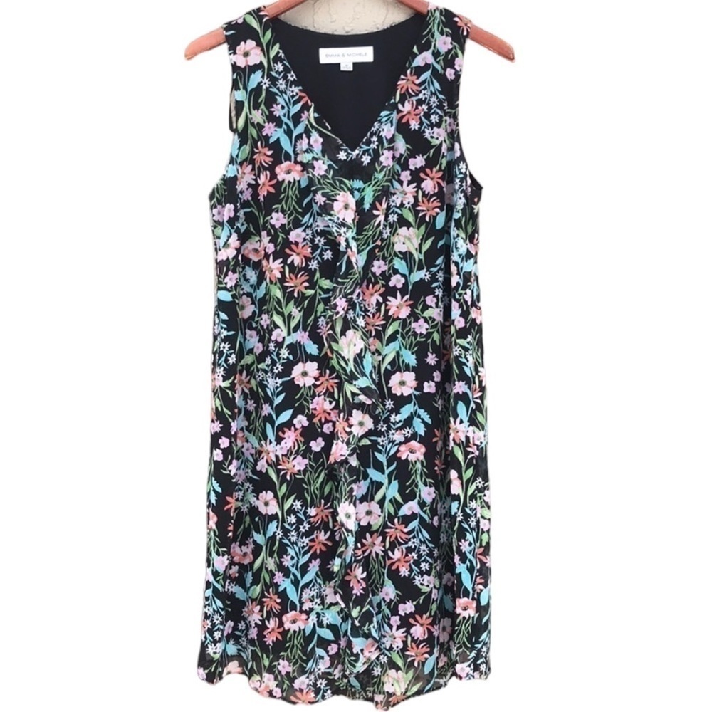 Emma & Michele Floral Ruffle Front Sleeveless Dress Black Medium - Picture 2 of 12